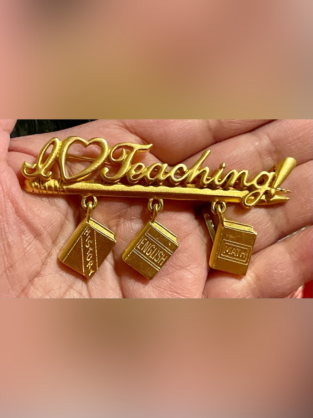 Gold 'I ♥ Teaching' Dangle Book Brooch
